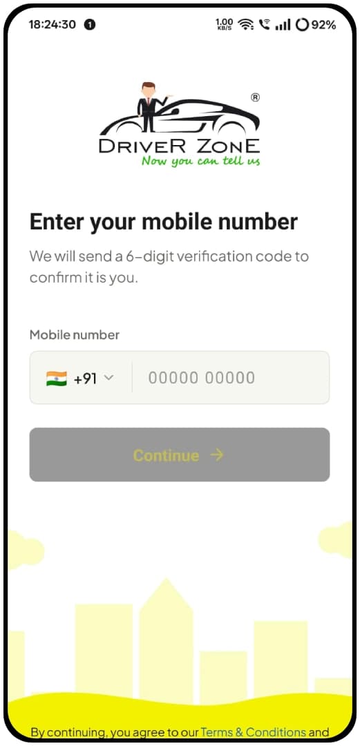 DriverZone customer app — home screen with booking options