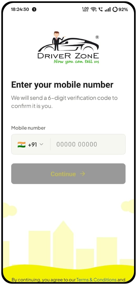 DriverZone customer app — home screen with booking options