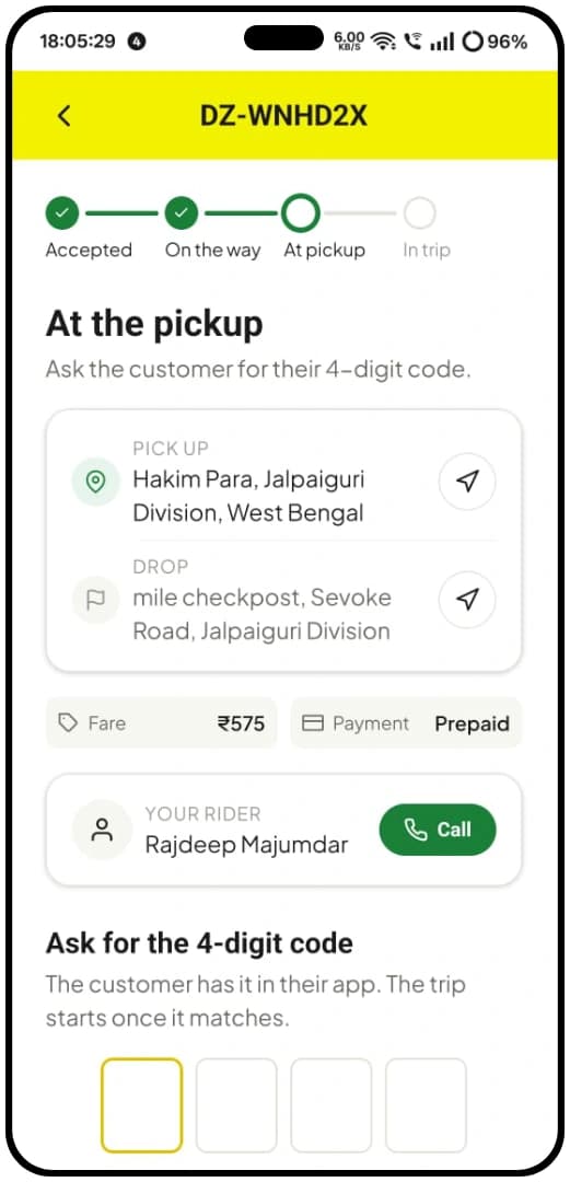 DriverZone driver app — trip in progress with live map