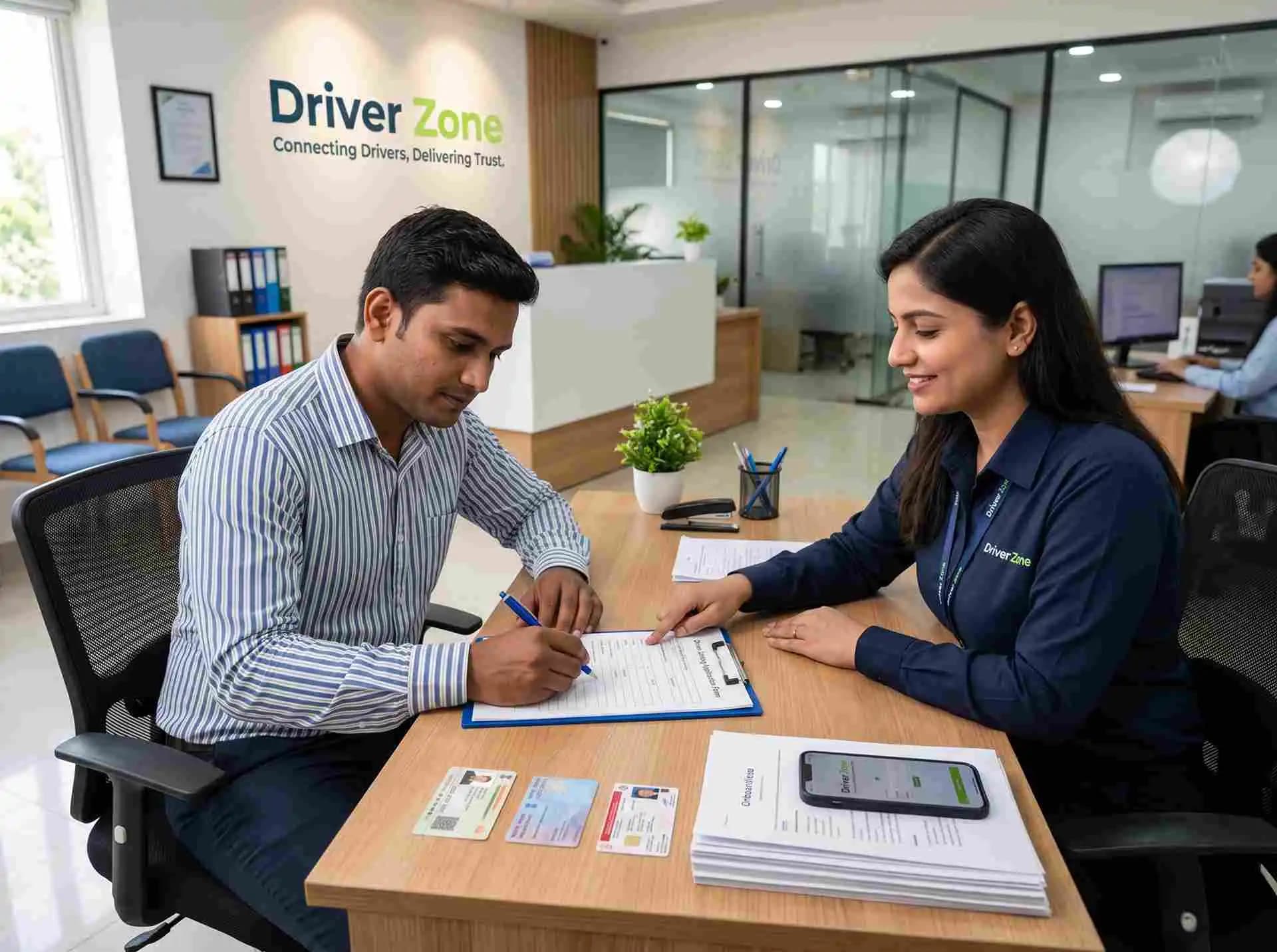 Two DriverZone team members reviewing driver documents at the Siliguri office